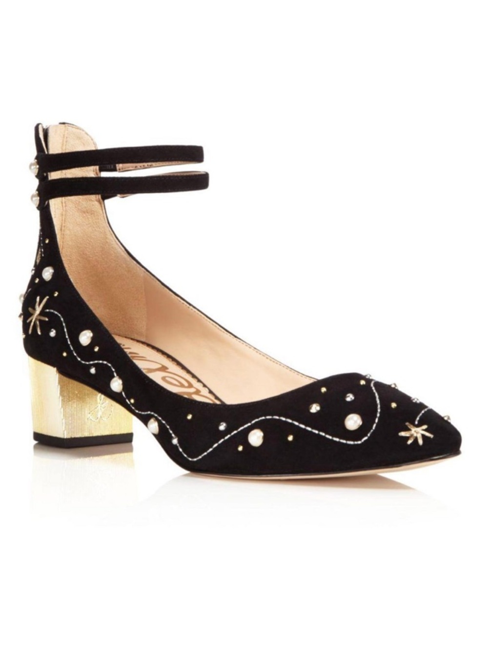 Sam Edelman Lucien Embroidered Pearl Stud Ankle Strap Block Heel Pumps - Picture 1 of 7
